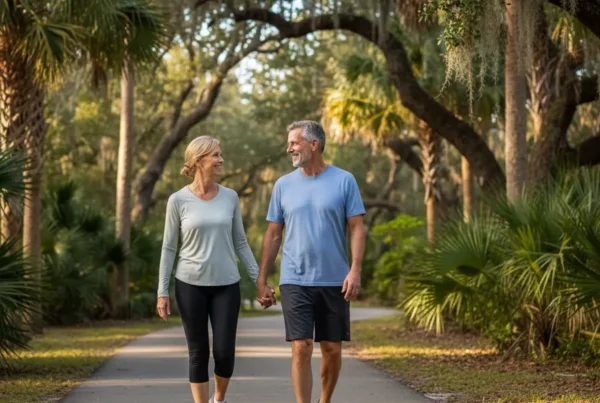 Couple enjoying a walk in a park, free from knee pain after treatment for Deltona residents.