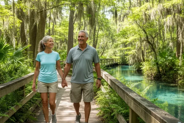 Couple walking on a boardwalk near a river, happy after non-surgical knee pain treatment.