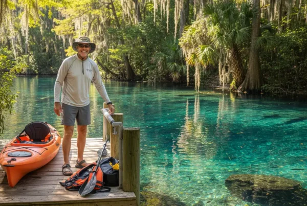 Man smiling while preparing his kayak at a Florida spring after knee pain treatment.
