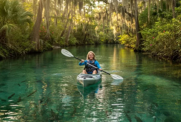 Man enjoying kayaking on a clear Florida river after non-surgical knee pain treatment.