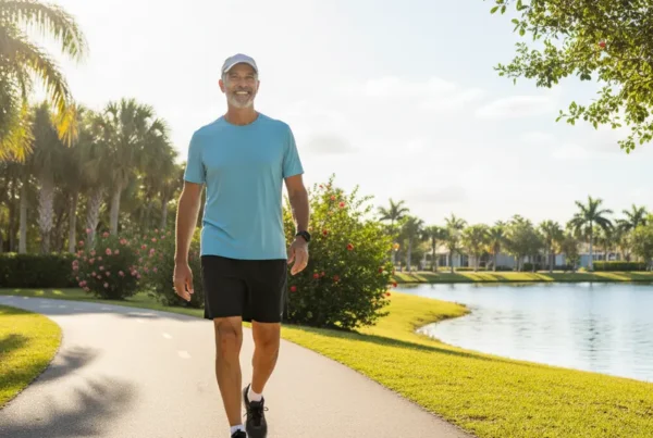 Man walking comfortably in a Groveland, FL park after receiving non-surgical knee pain treatment.