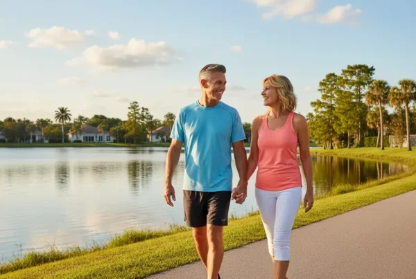 Active couple walking comfortably on a lakefront path after non-surgical knee pain treatment.