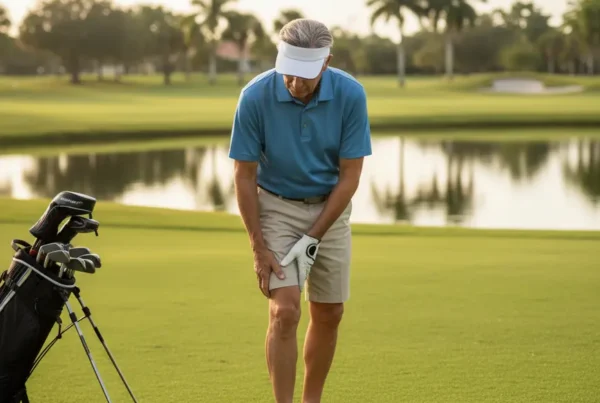 Active senior man on a Florida golf course considering non-surgical knee pain treatment.