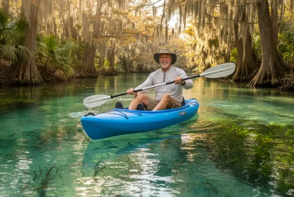 Man in his 50s enjoying non-surgical knee pain relief while kayaking in Silver Springs.