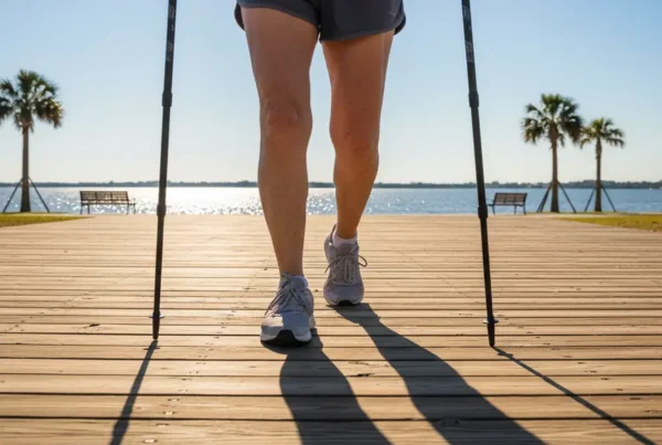 Person walking confidently on a boardwalk after receiving non-surgical knee pain treatment in Kissimmee.
