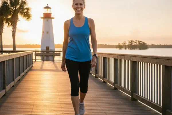 Active person walking comfortably on the Kissimmee Lakefront Park boardwalk, free from knee pain.