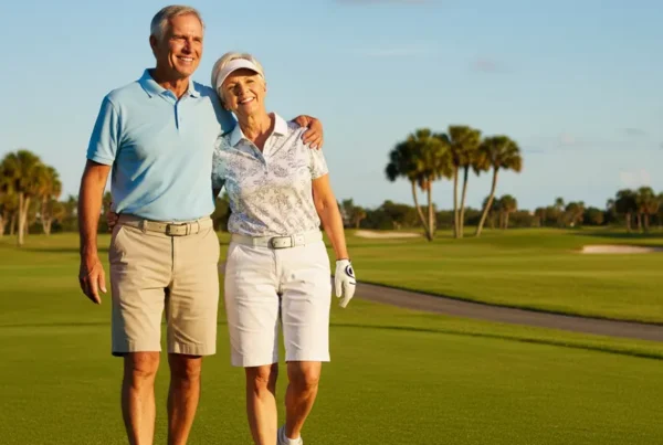 Happy older couple walking on a golf course in Lady Lake after knee pain treatment.