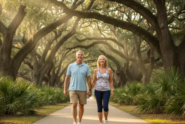 Couple enjoying a pain-free walk in a sunny Longwood, FL park after knee treatment.