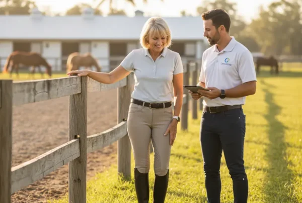 Equestrian woman and provider discussing successful non-surgical knee pain treatment at a horse farm.