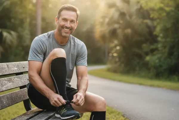 Man tying running shoe, ready for a run after non-surgical knee pain treatment in Minneola.