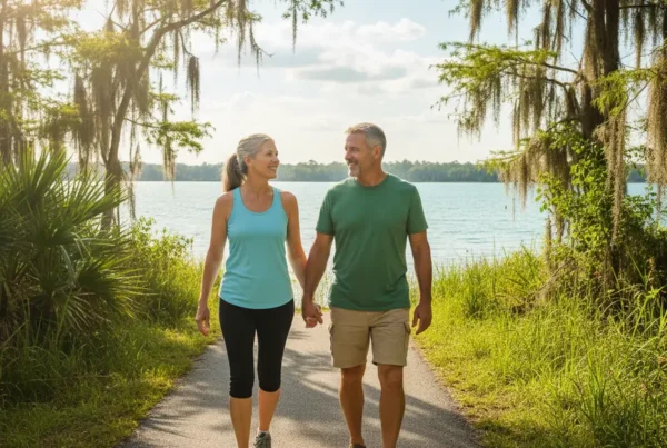Couple enjoying a walk free from knee pain on a scenic trail in Montverde, Florida.