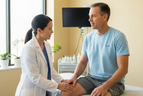 Provider examining a patient's knee at a regenerative medicine clinic in Montverde, FL.