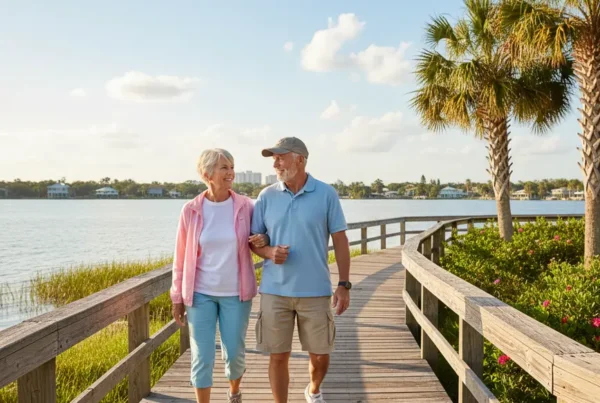 Senior couple walking happily by a lake after receiving non-surgical knee pain treatment in Mount Dora.