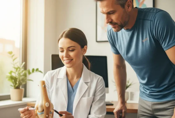 Doctor explaining non-surgical knee pain treatment options to a patient in an Orlando clinic.