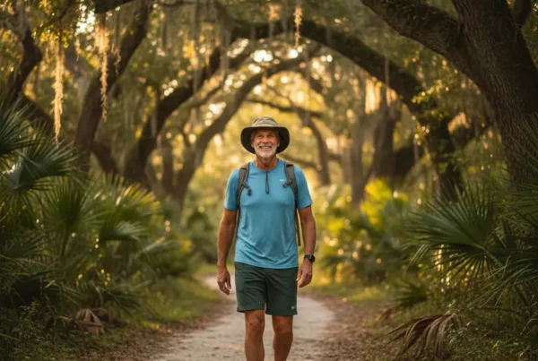Man smiling while walking on a sunny nature trail after knee pain treatment.