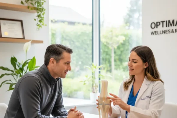 Medical specialist discussing non-surgical knee pain treatment with a patient in Orange County.