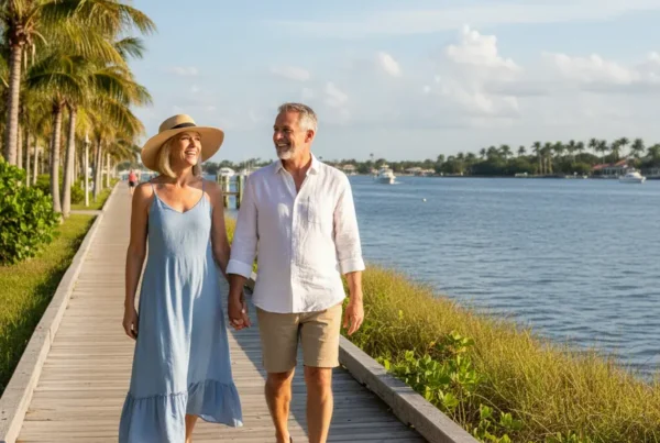 Couple walking on a boardwalk after receiving non-surgical knee pain treatment for Port Orange.