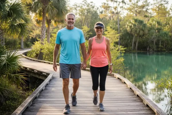 Active older couple walking on a boardwalk in Port Orange after knee pain treatment.