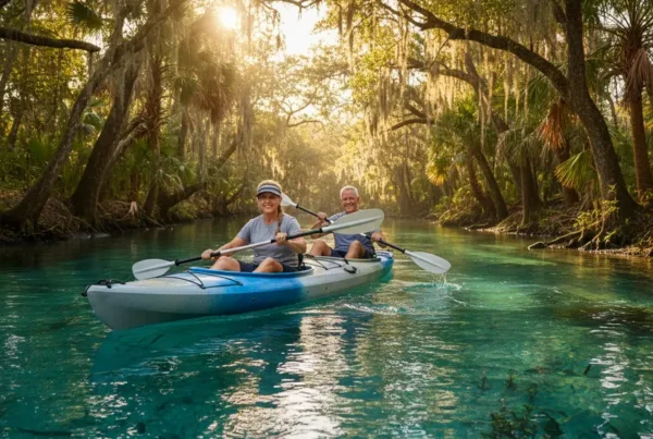 Couple enjoying kayaking in Silver Springs, FL after non-surgical knee pain treatment.