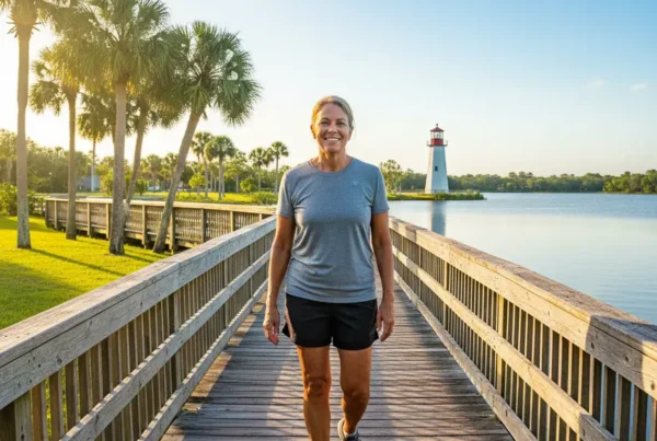 A person walking comfortably on a lakeside park boardwalk in St. Cloud, Florida.
