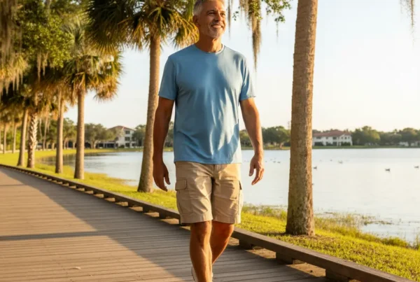 Man walking happily in a St. Cloud park after non-surgical knee pain treatment.