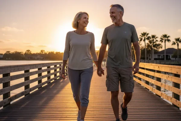 Couple walking happily on the St. Cloud lakefront after receiving non-surgical knee pain treatment.