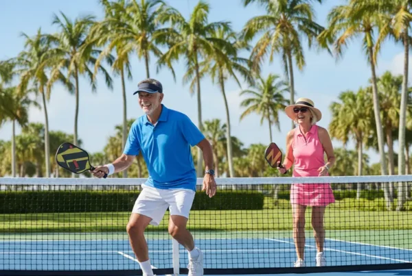 Active senior couple playing pickleball happily after receiving non-surgical knee pain treatment.