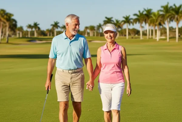 Senior couple walking happily on a Florida golf course after non-surgical knee pain treatment.