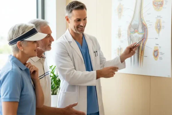 Doctor discussing non-surgical knee pain treatment with an active senior couple in Sumter County.