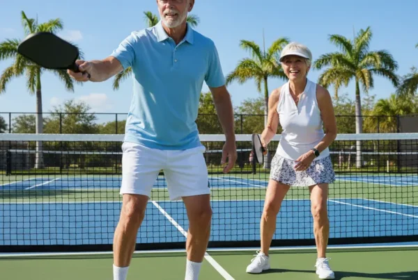 Active senior couple playing pickleball in The Villages after non-surgical knee pain treatment.