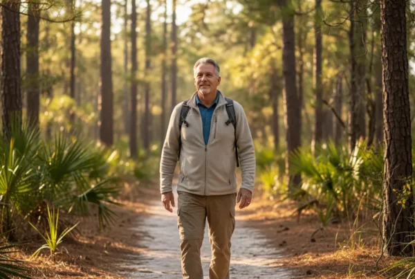 Man enjoying a pain-free walk on a sunny Florida hiking trail after treatment.