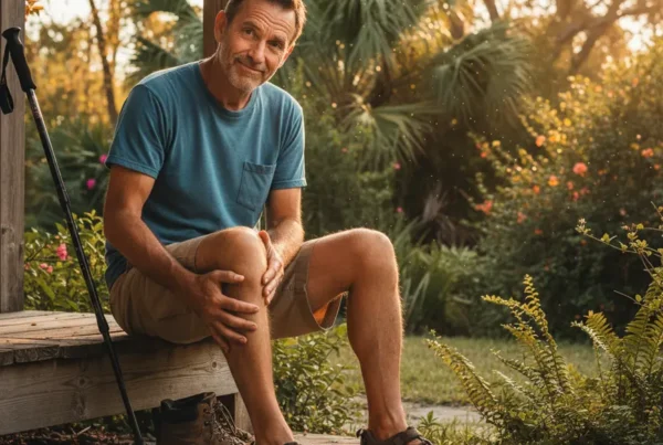 Man in his 50s sitting on a porch in a Florida setting, thoughtfully examining his knee.