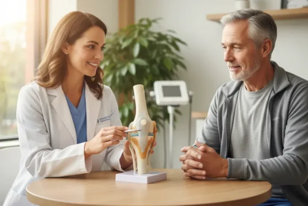 Provider discussing non-surgical knee pain treatment with a patient in a Wildwood clinic.