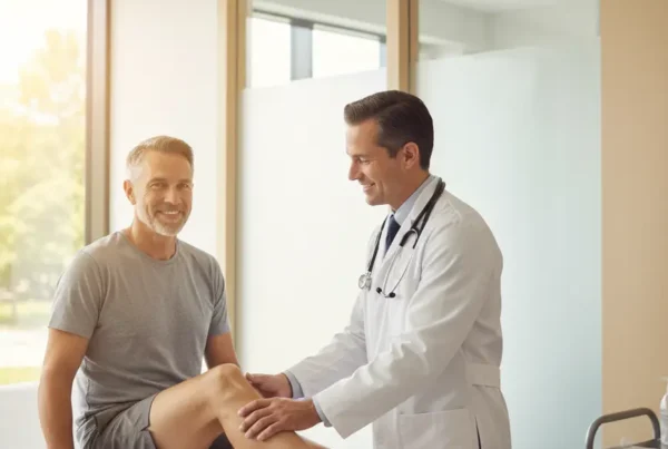A doctor examines a smiling male patient's knee in a bright, modern clinic.