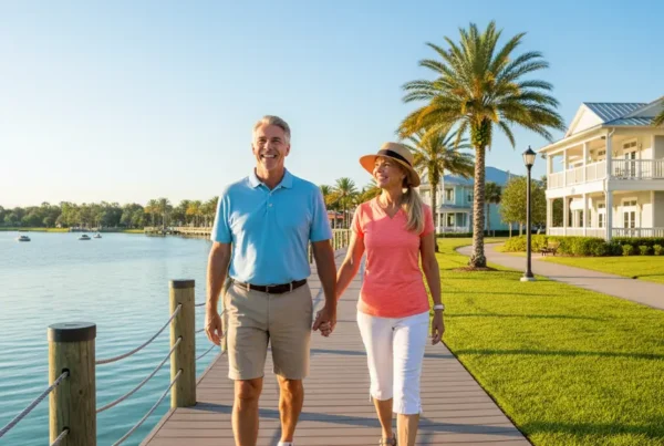 Active older couple walking happily on a sunny boardwalk after knee pain treatment.