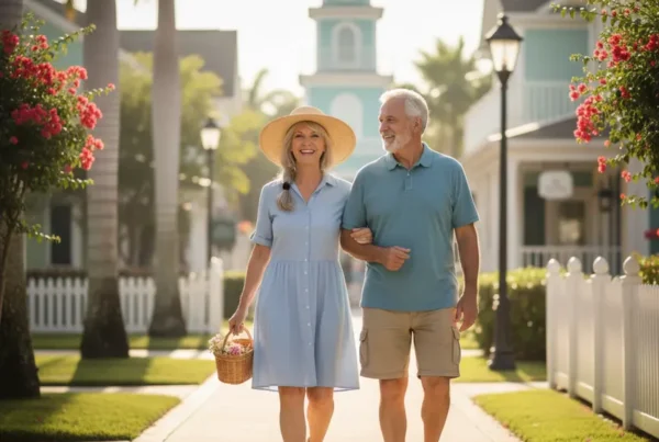 Senior couple walking happily on a sunny sidewalk after non-surgical knee pain treatment.