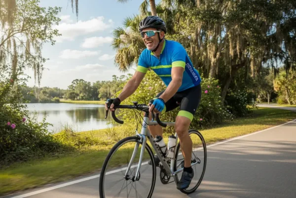 Man cycling happily on a sunny Florida trail after non-surgical knee pain treatment.