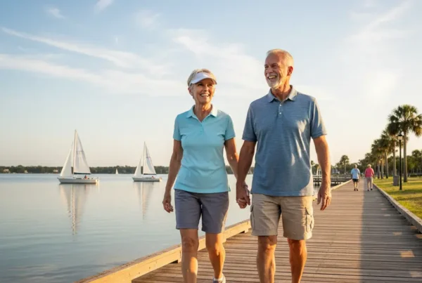 Older couple walking happily on the Lake Eustis boardwalk after non-surgical knee pain treatment.
