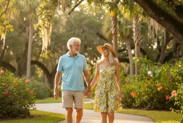 Senior couple walking in a sunny park, enjoying life after knee pain treatment.