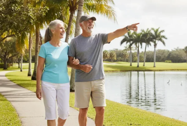 Senior couple walking happily by a lake after receiving non-surgical knee pain treatment in Leesburg.