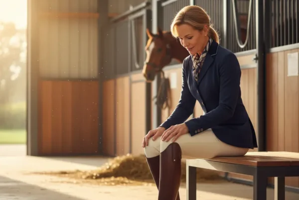 Person in equestrian gear sitting on a bench and looking at their knee thoughtfully.