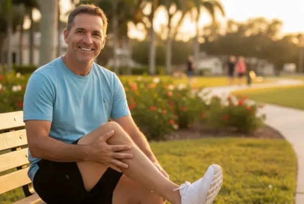 A man smiling on a park bench, finding relief from knee pain.