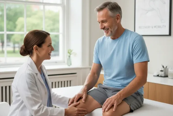 A patient discusses non-surgical knee pain treatment options with a doctor in a clinic.