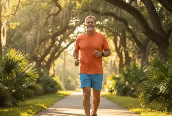 Man jogging on a Florida trail, happy and active after non-surgical knee pain treatment.