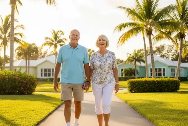Active senior couple walking happily in a Florida community after knee pain treatment.