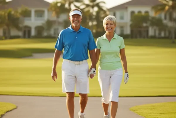 Active senior couple walking on a golf course path after knee pain treatment.