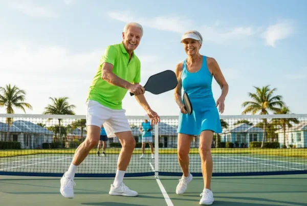 Senior couple playing pickleball in Sumter County, enjoying non-surgical knee pain treatment results.
