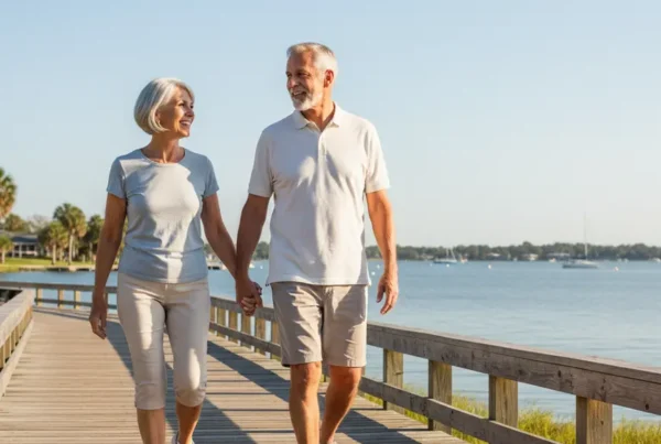 A senior couple walking happily by Lake Dora after receiving non-surgical knee pain treatment.