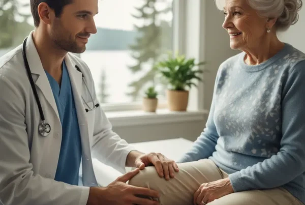 Medical provider examining a senior patient's knee in a clinic for non-surgical treatment.
