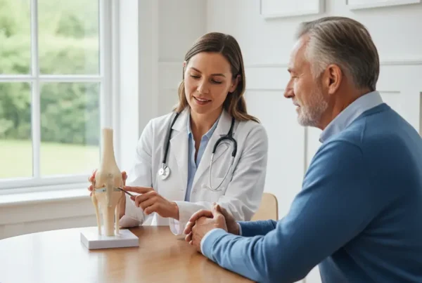 Doctor explaining non-surgical knee pain treatment options to a senior patient in Umatilla.